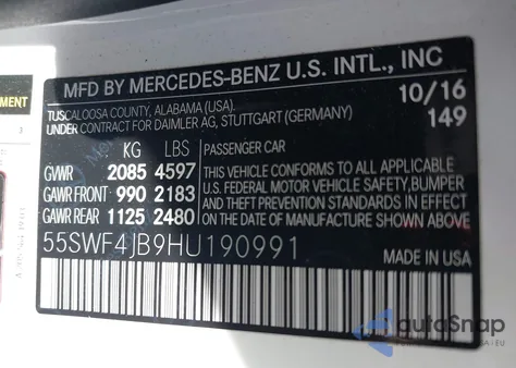 2017 Mercedes-Benz C 300 Luxury/Sport from USA, damaged, VIN 55SWF4JB9HU190991